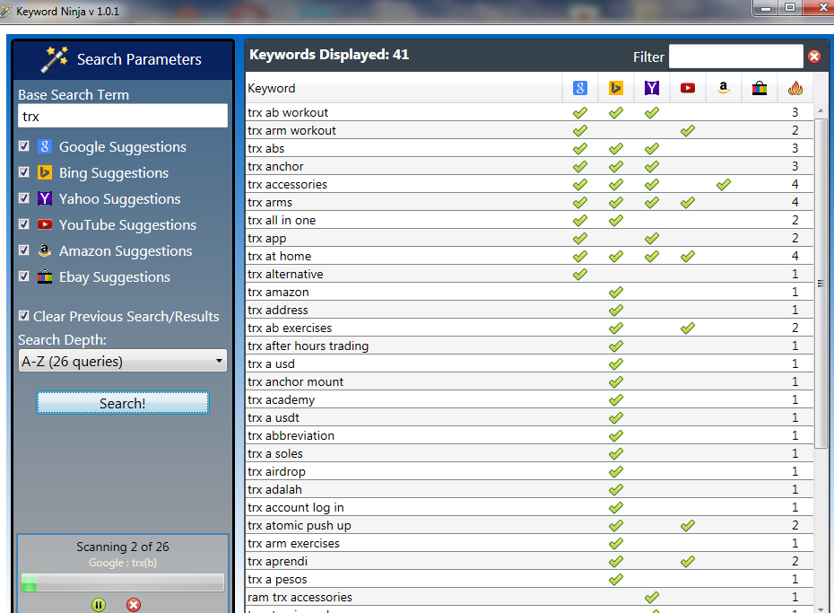 长尾关键词工具Keyword Ninja 一键生成关键词 基于谷歌 亚马逊 ebay 必应 youtube等平台