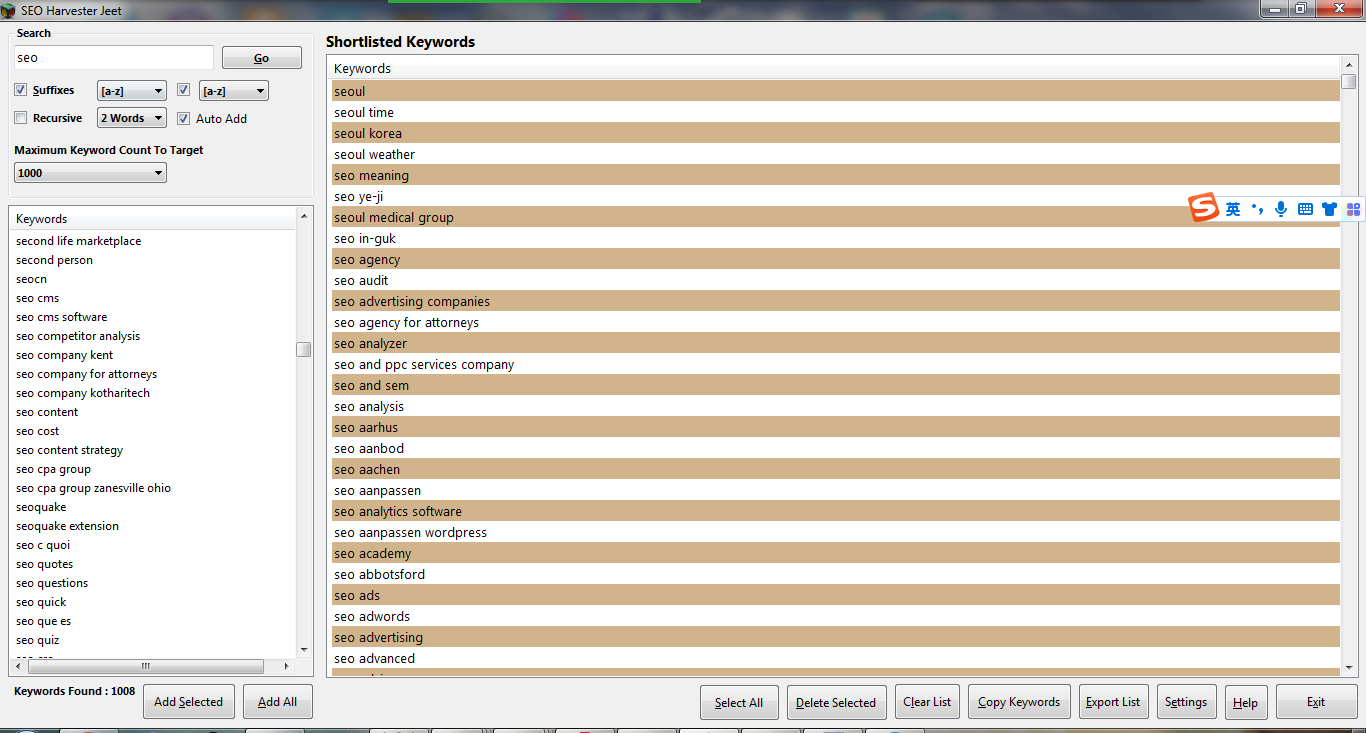SEO Harvester 一键生成上千关联关键词
