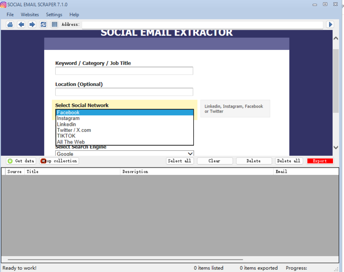 Social Email Extractor 社交电子邮件批量提取器 支持Tiktok Facebook linkedin 等平台-图片1