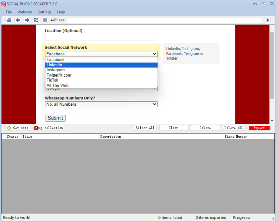 Social Phone Extractor 社交平台电话和whatsapp号码批量提取软件 支持Facebook-图片1